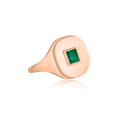 Mini Cushion Shape Green Emerald Signet Ring