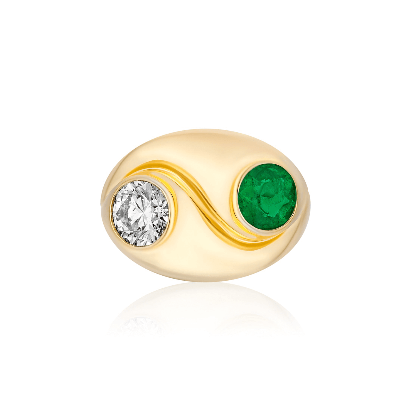 Yin Yang Green Emerald and Diamond Signet Ring