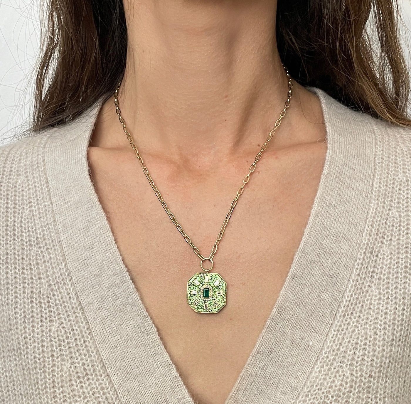 Green Tsavorite and Diamond Medallion Necklace